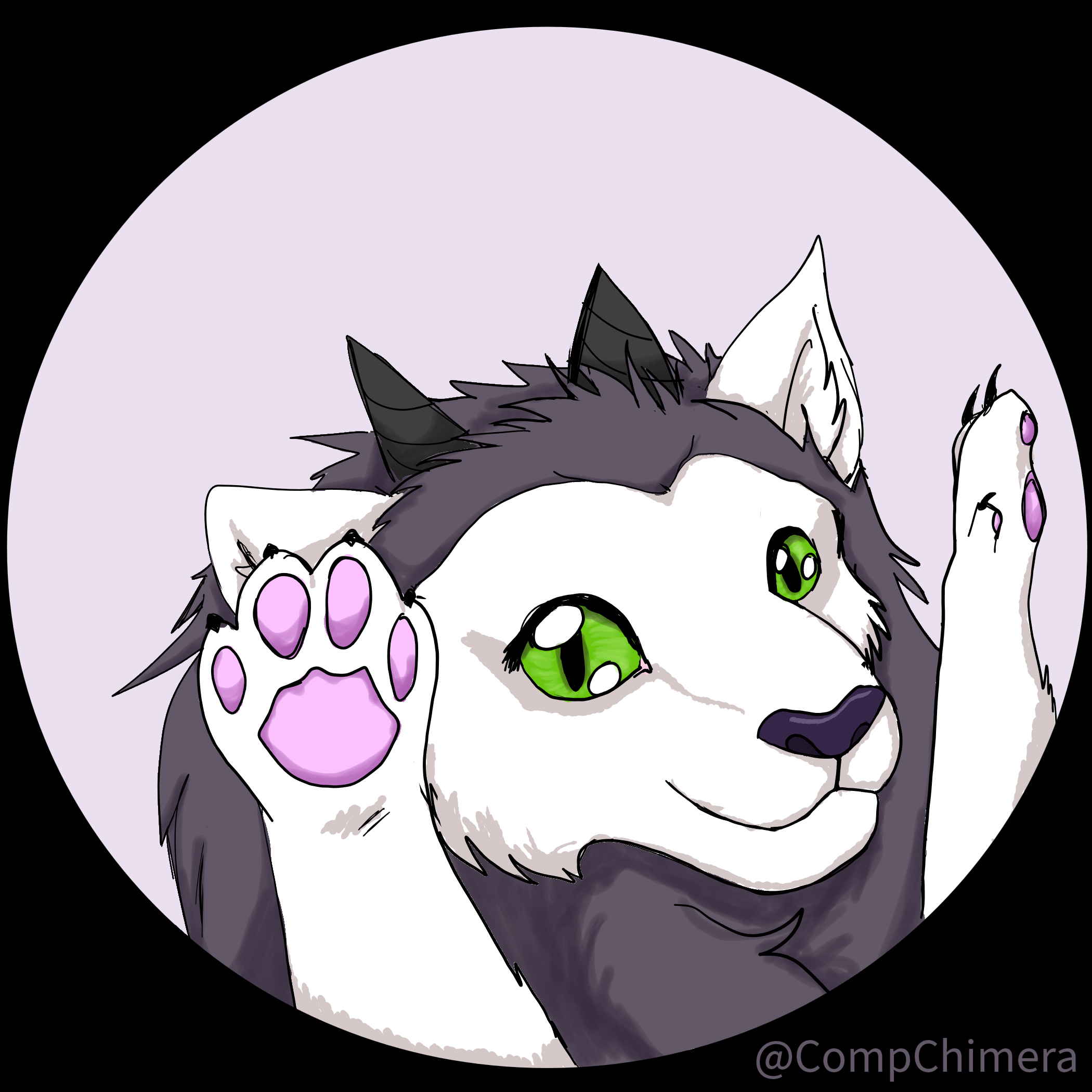 Illustrated chimera head with their paws up. Head of a white lion with a black mane, bright green eyes, short horns, large ears, and pink pawpads.