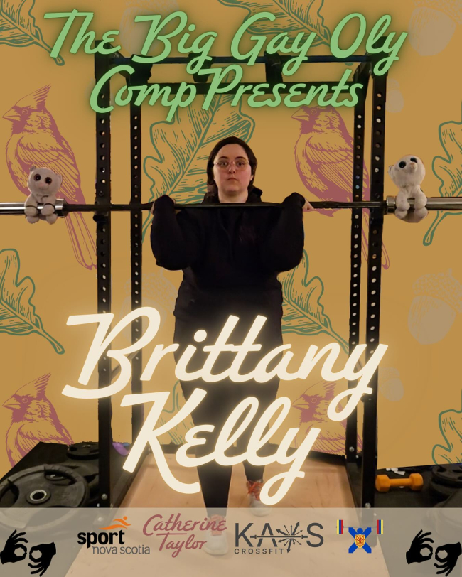 A poster of Brittany holding a barbell on their shoulders with two stuffed tigers on either side. 