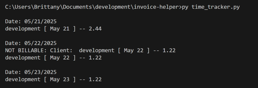 A black and white terminal windows displaying V 1 of my invoice line item calculator app. Purely white text on a black background.
