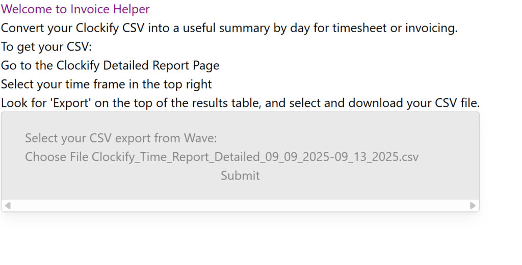 Invoice Helper Version 1.7 after adding tailwind. All the text is the same size, and the form is still grey but the button has no distrinct styles. 